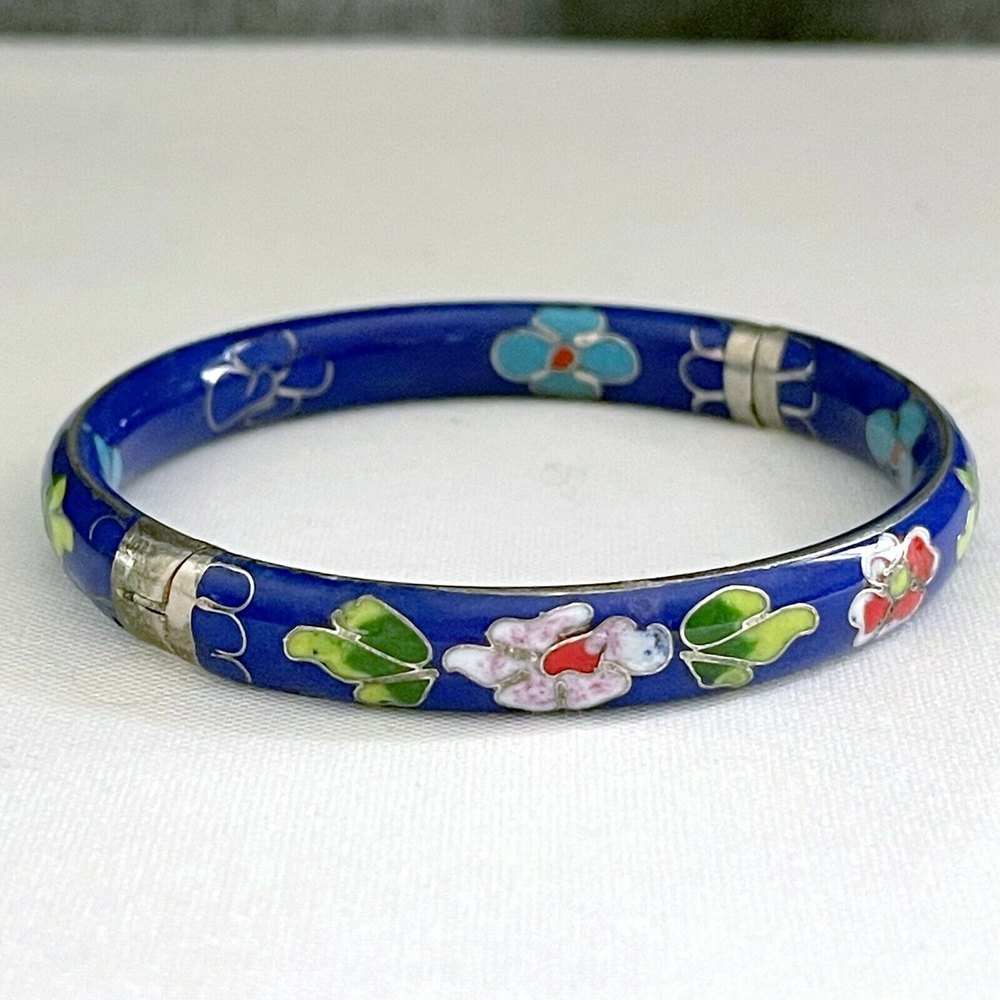 Vintage Cobalt Blue Floral Hinge Cloisonne Bracelet Size 2.4
